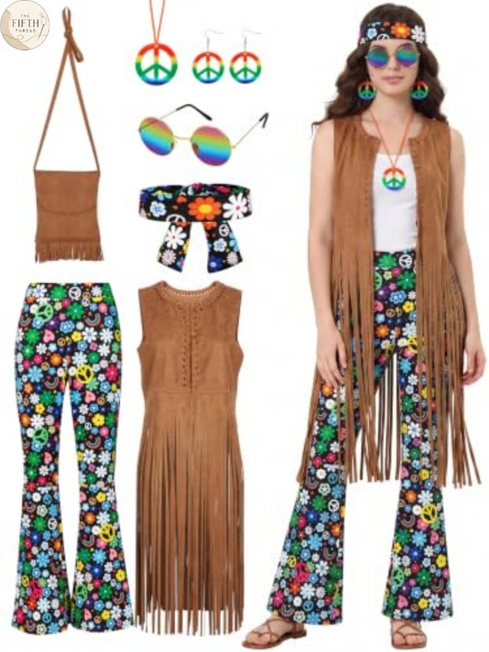 SOMSOC 7PC Hippie Costume Set Fringe Vest Flared Pants 60s 70s Disco Party